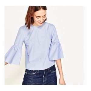 Zara Sky Blue Bell Sleeved Pearl Embellished Top